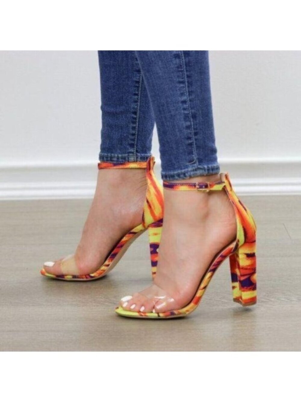 Ankle Strap Chunky Heeled Sandals, Clear Toe Band
